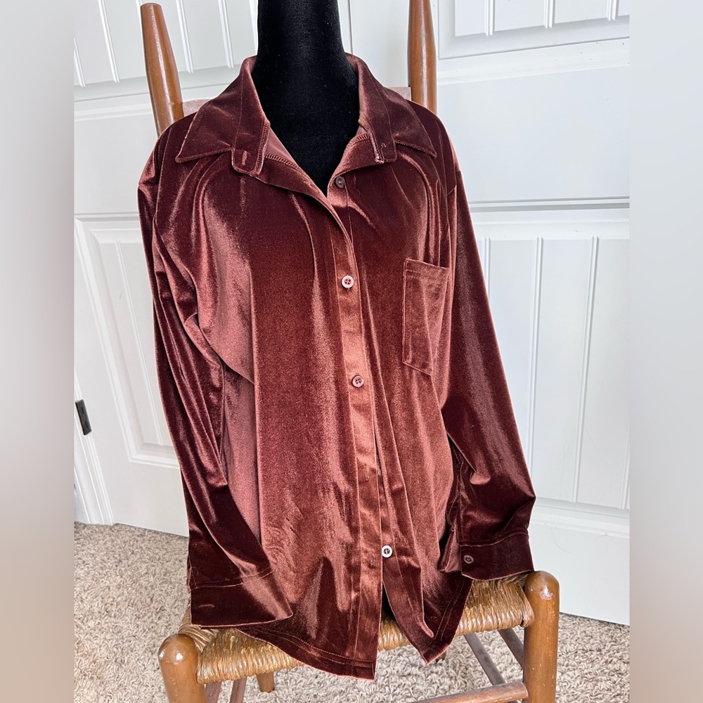 Velvet- like Button-Up Shirt in Rich Brown